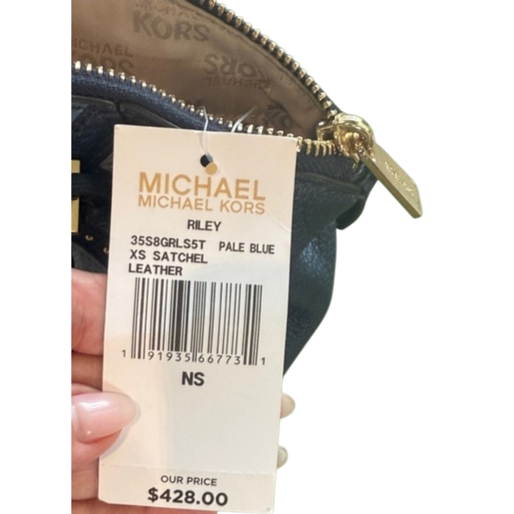 Like New Michael Kors Riley Blue Studded Patchwork Satchel - Picture 15 of 15
